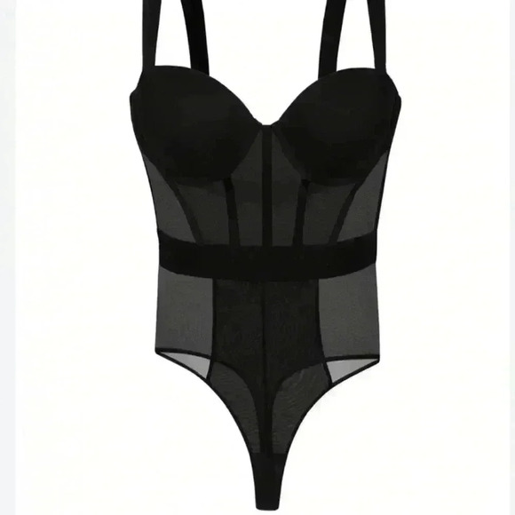 DKNY Sheer Strapless Cupped Bodysuit Black sheer waist Size 36C NWOT $80 - Picture 3 of 13